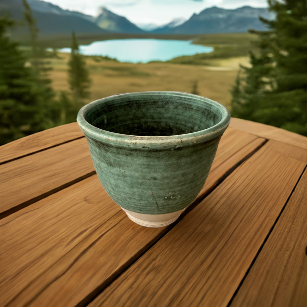 Taza “Textura” de Isa Boyd frente a un lago – cerámica artesanal en entorno natural