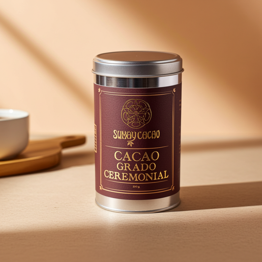 Lata edición limitada de cacao ceremonial Ganso 350 g sobre fondo cálido con luz natural.