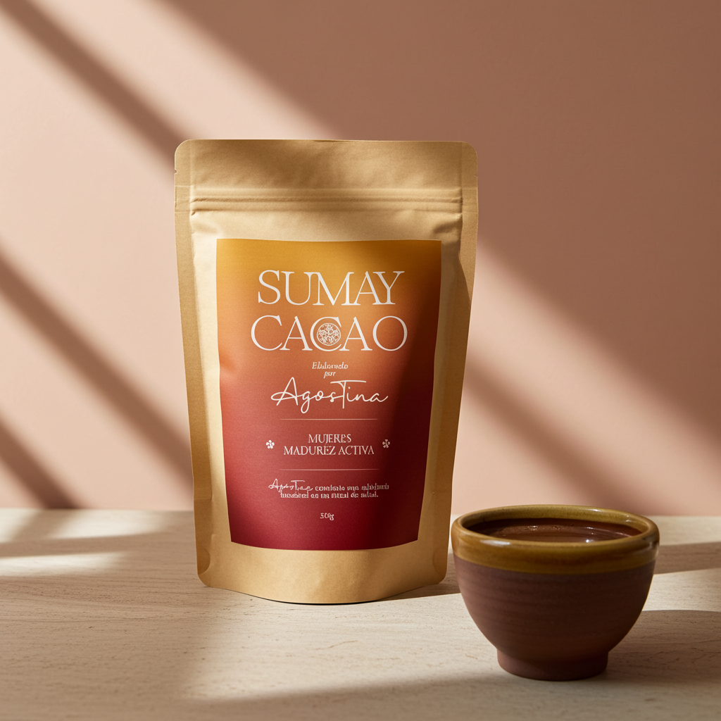 Bolsa de cacao ceremonial Mujeres Madurez Activa de Sumay Cacao sobre fondo melocotón con sombras naturales y taza de cacao al lado.