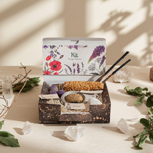 Kit de limpieza energética Sagrada Madre con elementos rituales sobre mesa de madera, rodeado de cristales y luz natural.