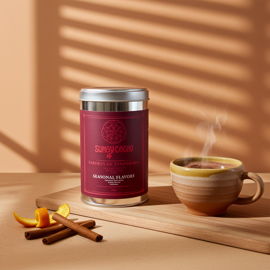 Lata de cacao Sabores de Temporada de Sumay Cacao sobre fondo melocotón, con taza de cacao humeante, piel de naranja y ramas de canela. Fotografía con luz cálida y sombras tipo persiana.