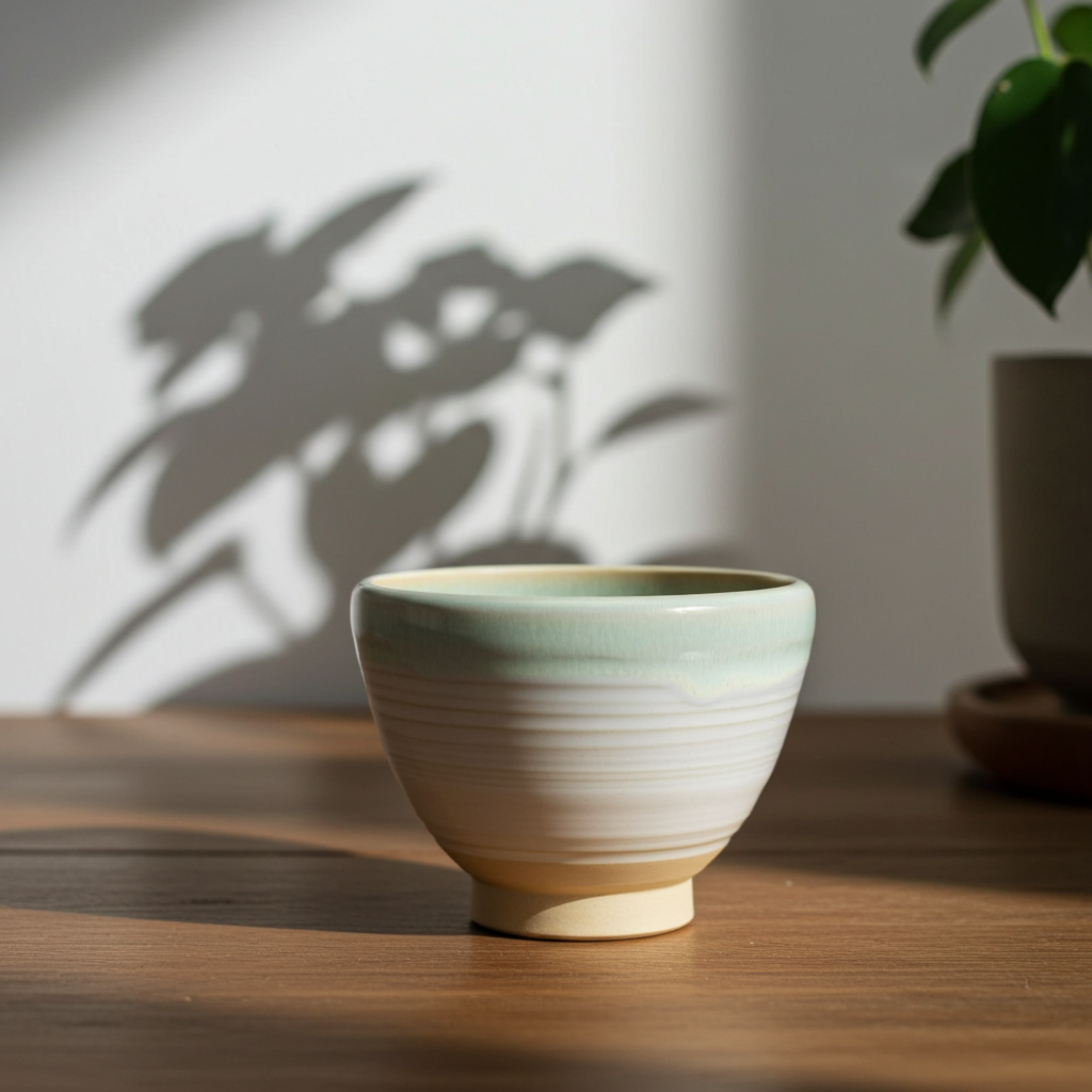 Taza artesanal de cerámica con esmalte verde translúcido efecto cristal, colocada sobre mesa de madera, con sombras suaves de hojas al fondo.