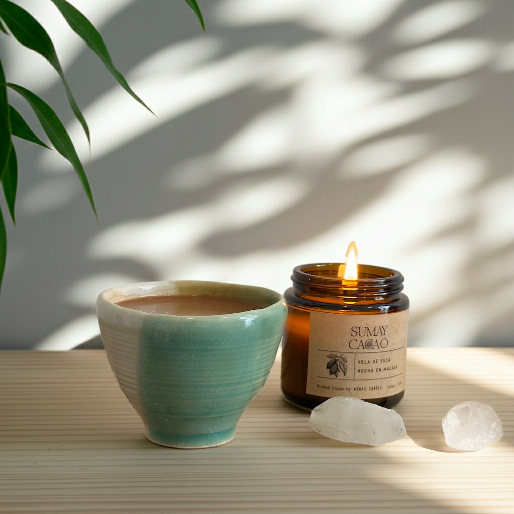 Taza artesanal de cerámica con esmalte tricolor en tonos verde, crema y blanco, colocada sobre mesa de madera clara junto a una vela encendida y cristales de cuarzo, con sombras suaves de hojas al fondo.