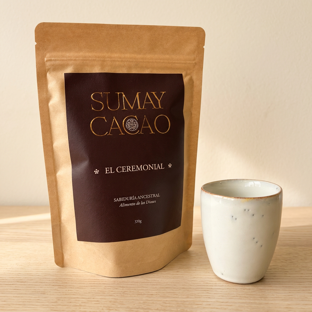 Sumay Cacao y taza en formato cuadrado con estilo editorial cálido