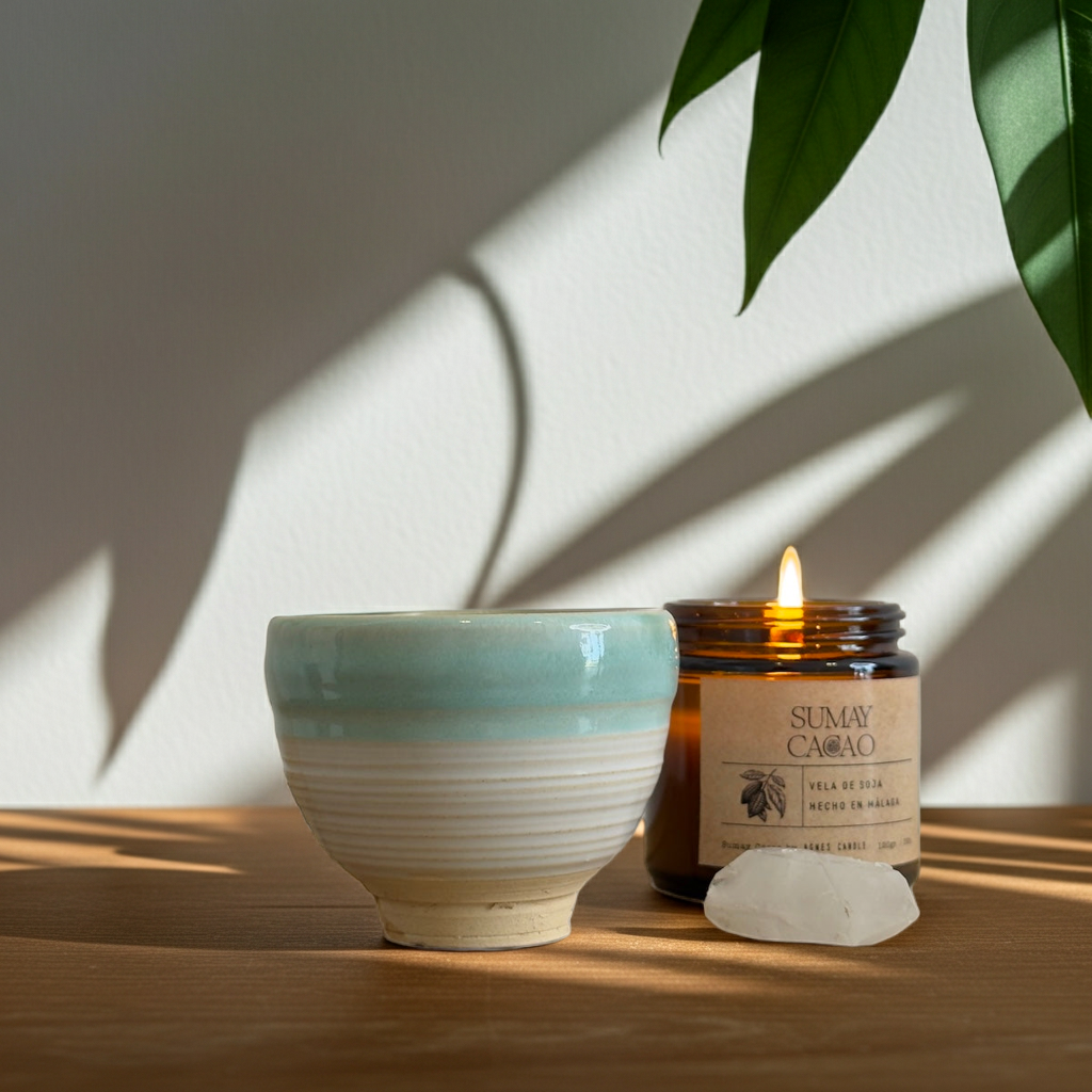 Taza artesanal de cerámica blanca con línea verde turquesa junto a vela y cuarzo, sobre una mesa de madera, iluminada por luz natural con sombras de hojas al fondo.