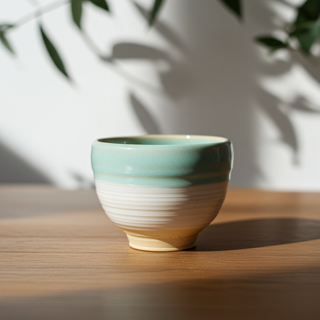 Taza artesanal de cerámica blanca con línea verde turquesa sobre una mesa de madera, iluminada por luz natural con sombras de hojas al fondo.