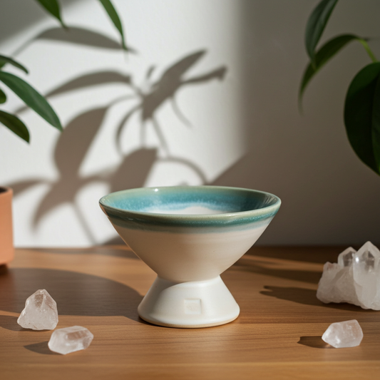 Copalera artesanal de cerámica en tonos blanco y verde agua sobre mesa de madera, con cristales de cuarzo y sombras de hojas en el fondo.