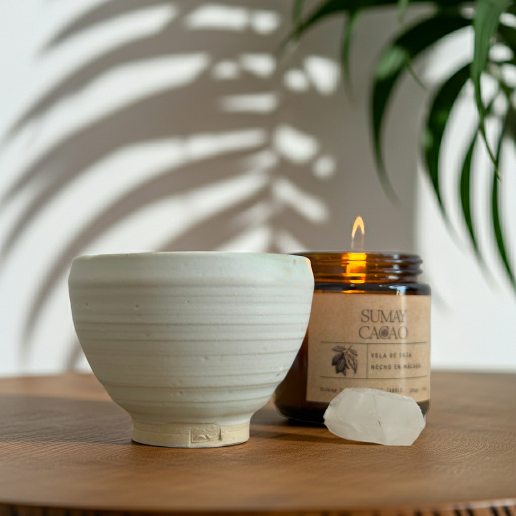 Taza artesanal de cerámica con exterior blanco e interior verde esmeralda sobre una mesa de madera, con sombras suaves de hojas al fondo.