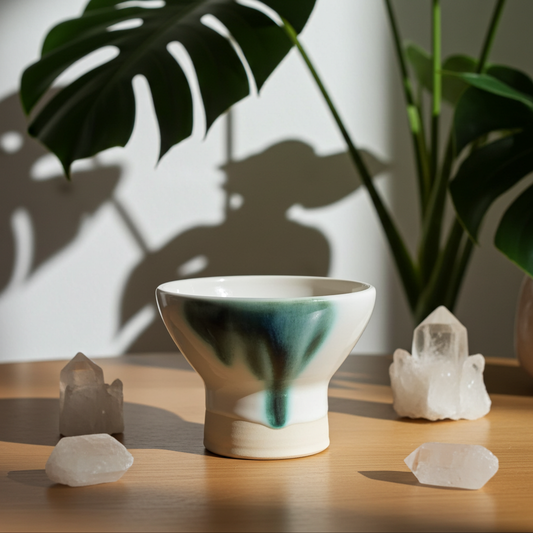 Copalera artesanal de porcelana en tonos blanco y verde agua sobre mesa de madera, con cristales de cuarzo y sombras de hojas al fondo.