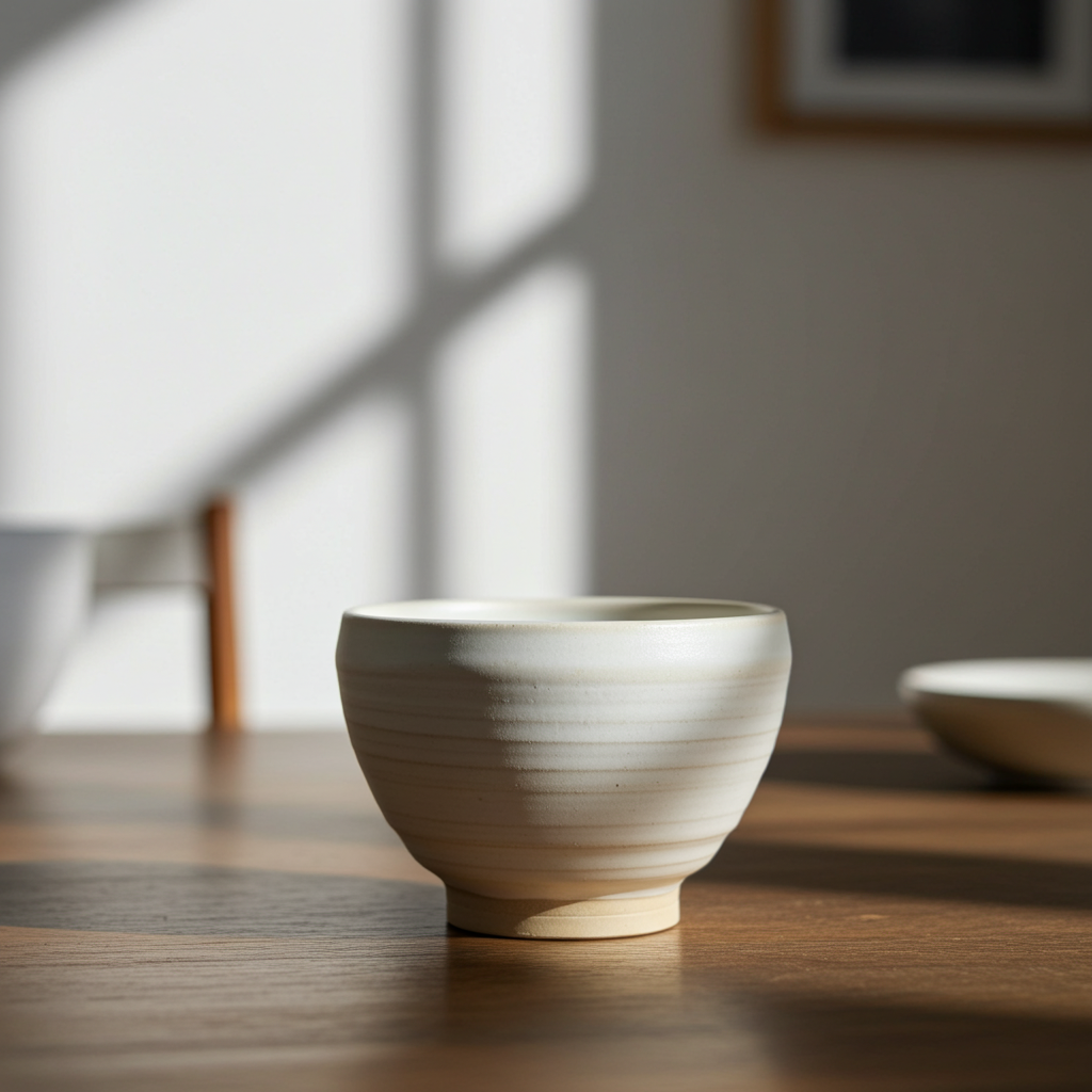Taza artesanal blanca sobre mesa de madera en habitación con luz natural que entra por una ventana