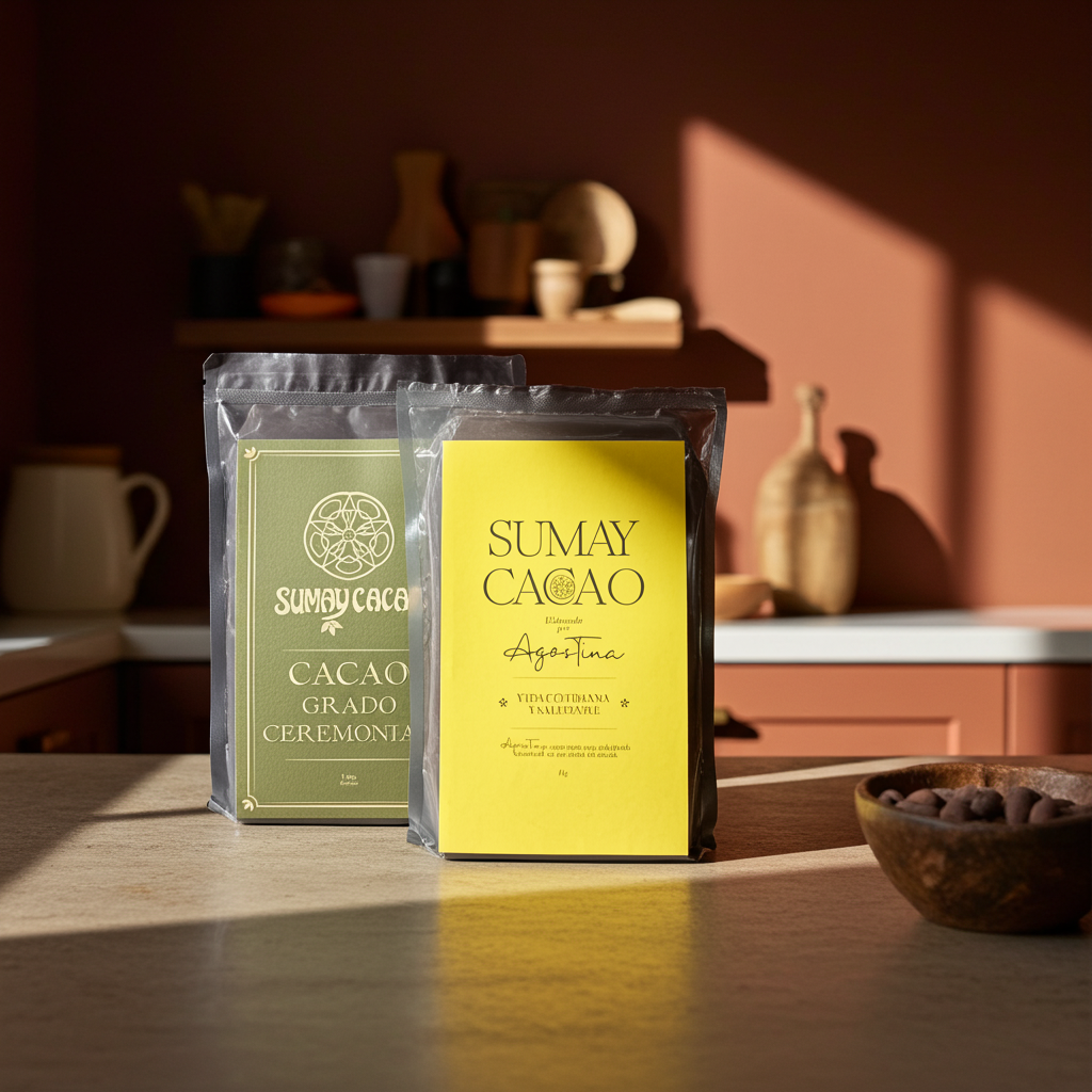Dúo de cacao ceremonial Sumay Cacao sobre fondo terracota con luz cálida, ideal para mostrar el packaging y la calidad del producto